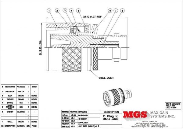 BNC female to Type C male Adapter 8305 Specification and Materials - Max-Gain Systems, Inc.