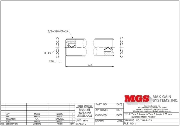 Type F female to Type F female 1.75 Inch Bulkhead Mount Adapter 7218-B-175 drawing - Max-Gain Systems, Inc.