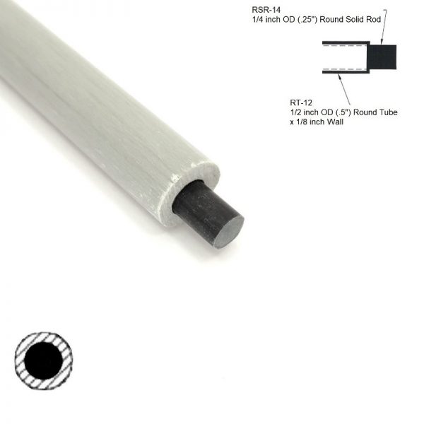 RT-12 .5 inch OD Round Hollow Tube sleeving RSR-14 .25 inch OD Round Solid Rod diagram - Max-Gain Systems, Inc.