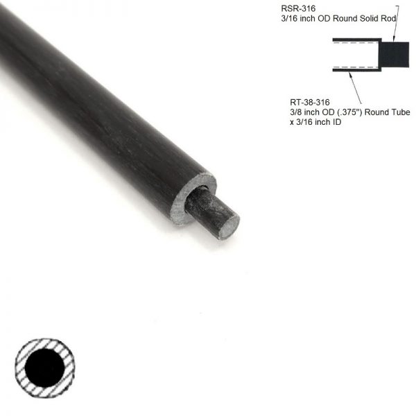 RT-38-316 .375 inch Round Hollow Tube sleeving RSR-316 .187 inch OD Round Solid Rod diagram - Max-Gain Systems, Inc.