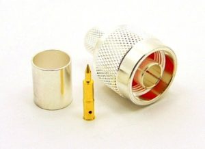 N-male, Cable end, crimp-on, silver plated brass, Teflon dielectric, gold pin for RG-8, RG-11, RG-83, RG-213, RG-214, RG-393, LMR-400, Belden 8237, Belden 8267, Belden 8268, Belden 9011, and Belden 9913 coaxial cable. (P/N: 7305-400)