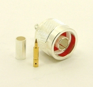 N-male, Cable end, crimp-on, Silver plated brass, Teflon Dielectric, gold pin, for RG-142, RG-400, RG-58, RG-58A/U, LMR-195, LMR-200, Belden 7807, Belden 8219, Belden 8259, and Belden 9201 coaxial cable. (P/N: 7305-58)