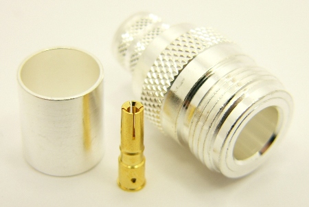 N-female, cable end, crimp-on, silver plated brass body, Teflon dielectric, gold pin, for for RG-8, RG-11, RG-83, RG-213, RG-214, RG-393, LMR-400, Belden 8237, Belden 8267, Belden 8268, Belden 9011, and Belden 9913 coaxial cable. (P/N: 7306-400)