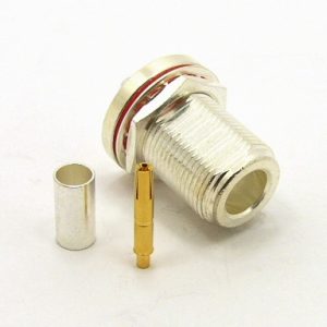 N-female, bulkhead, cable end, crimp on, silver plated brass body, Teflon dielectric, gold pin, for RG-142, RG-400, RG-58, RG58A/U, LMR-195, LMR-200, Belden 7807, Belden 8219, Belden 8259, and Belden 9201 coaxial cable. (P/N: 7307-58)