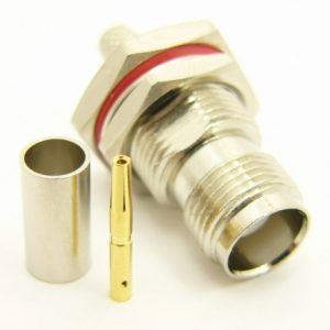 TNC-female bulkhead, cable end, crimp-on, for RG-142, RG-400, RG-58, RG-58A/U, LMR-195, LMR-200, Belden 7807, Belden 8219, Belden 8259, and Belden 9201 coaxial cable. (P/N: 7407-58)