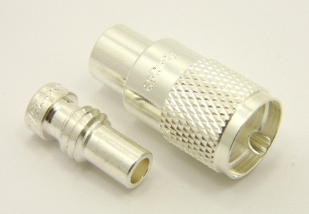 PL-259, UHF-male, cable end, solder-on, silver / Teflon, plus 1x UG-175 (SKU#: 7507-S) Reducer for UHF-male, solder on, connectors. UG-175 for RG-142, RG-400, RG-58, RG-58A/U, LMR-195, LMR-200, Belden 7807, Belden 8219, Belden 8259, and Belden 9201 coaxial cable. (P/N: 7500-58)