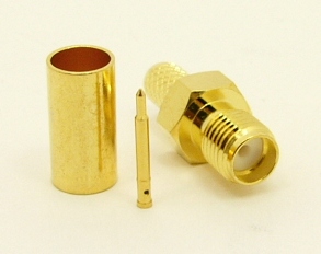 RP-SMA-female, cable end, crimp-on, for RG-142, RG-400, RG-58, RG-58A/U, LMR-195, LMR-200, Belden 7807, Belden 8219, Belden 8259, and Belden 9201 coaxial cable. (P/N: 8896-58)