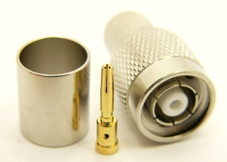 RP-TNC-male, cable end, crimp-on, nickel / Delrin for RG-8, RG-213, LMR-400, and Belden 9913 size coaxial cable. (P/N: 8900-400)