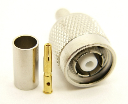 RP-TNC-male, cable end, crimp-on, for RG-142, LMR-195, LMR-200, RG-316, RG-400, RG-58, and Belden 7807 coaxial cable. (P/N: 8900-58)
