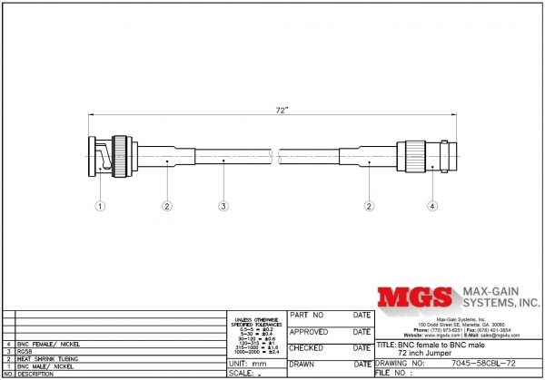BNC female to BNC male 72 inch Jumper 7045-58CBL-72 Drawing - Max-Gain Systems, Inc.