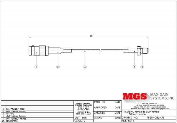 BNC female to SMA female 36 inch Jumper 7830-CBL-36 Drawing - Max-Gain Systems, Inc.