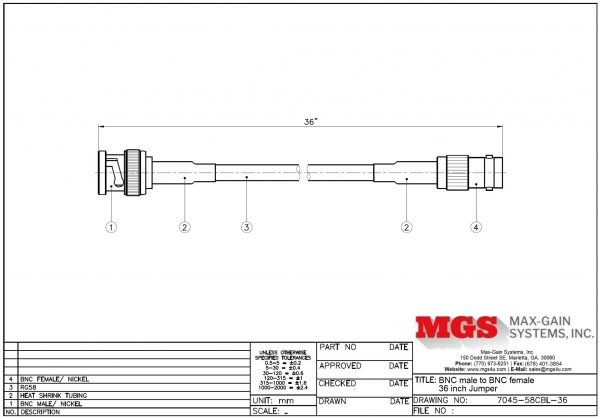 BNC male to BNC female 36 inch Jumper 7045-58CBL-36 Drawing - Max-Gain Systems, Inc.