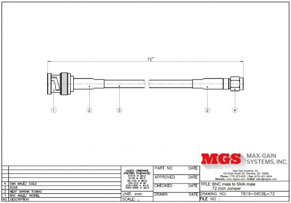 BNC male to SMA male 72 inch Jumper 7819-58CBL-72 Drawing - Max-Gain Systems, Inc.