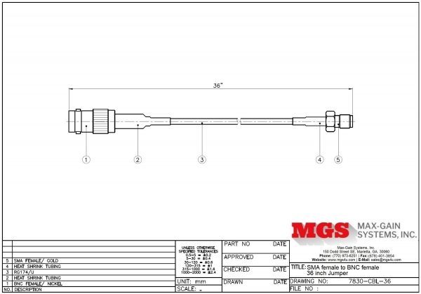 SMA female to BNC female 36 inch Jumper 7830-CBL-36 Drawing - Max-Gain Systems, Inc.