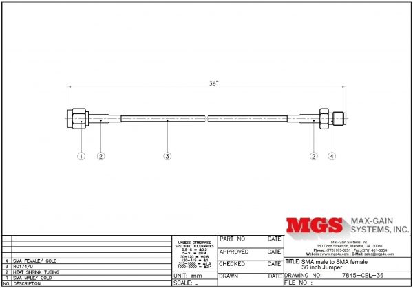 SMA male to SMA female 36 inch Jumper 7845-CBL-36 Drawing - Max-Gain Systems, Inc.
