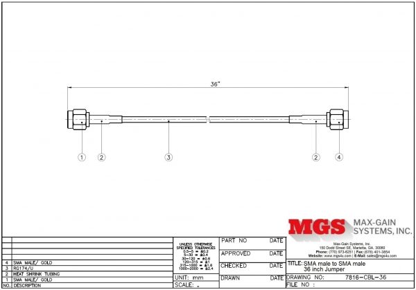 SMA male to SMA male 36 inch Jumper 7816-CBL-36 Drawing - Max-Gain Systems, Inc.