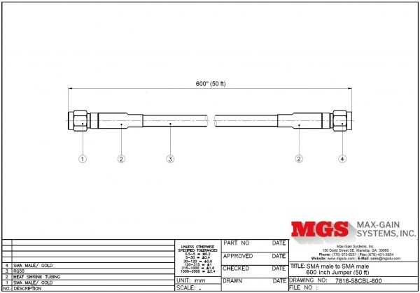 SMA male to SMA male 600 inch Jumper 7816-58CBL-600 Drawing - Max-Gain Systems, Inc.