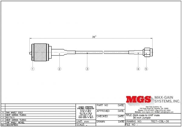 SMA male to UHF male 36 inch Jumper 7827-CBL-36 Drawing - Max-Gain Systems, Inc.