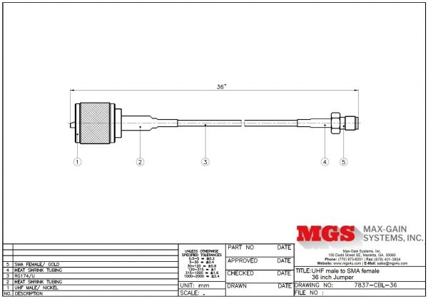 UHF male to SMA female 36 inch Jumper 7837-CBL-36 Drawing - Max-Gain Systems, Inc.
