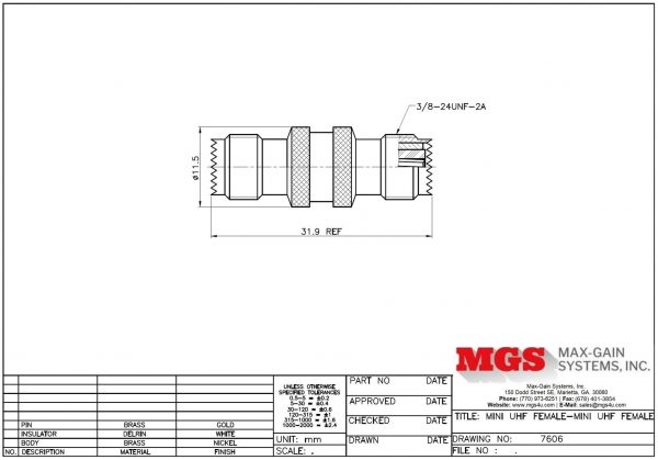 mini-UHF female to mini-UHF female Barrel Adapter 7606 Drawing - Max-Gain Systems, Inc.