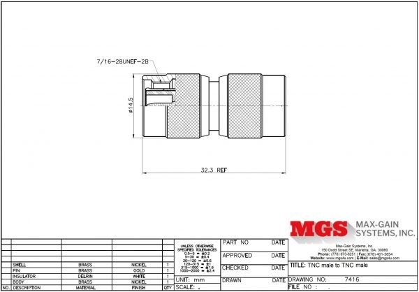 TNC male to TNC male Adapter Drawing - Max-Gain Systems, Inc.