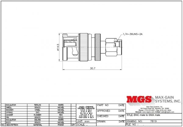 BNC male to SMA male Adapter 7819 Drawing - Max-Gain Systems, Inc.