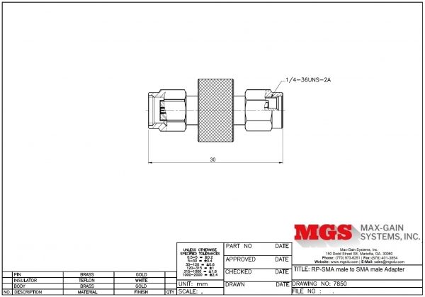 RP-SMA male to SMA male Adapter 7850 Drawing - Max-Gain Systems, Inc.