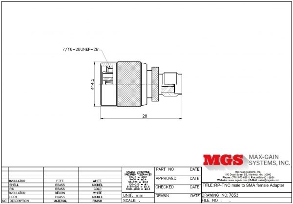 RP-TNC male to SMA female Adapter 7853 Drawing - Max-Gain Systems, Inc.