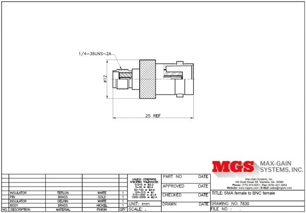 SMA female to BNC female Adapter 7830 Drawing - Max-Gain Systems, Inc.