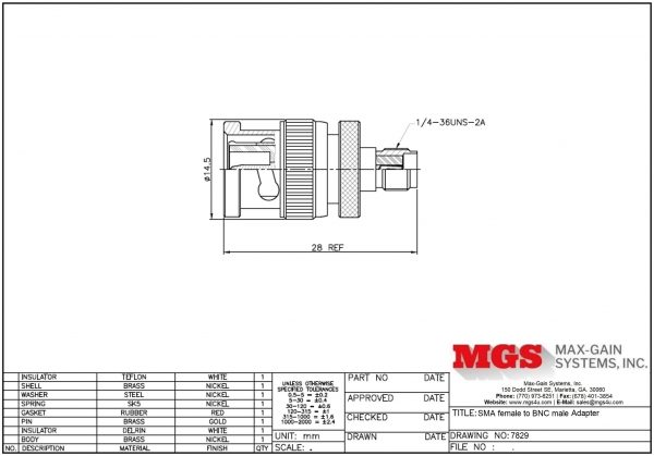 SMA female to BNC male Adapter 7829 Drawing - Max-Gain Systems, Inc.