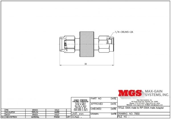 SMA male to RP-SMA male Adapter 7850 Drawing - Max-Gain Systems, Inc.