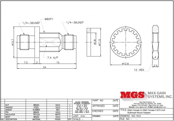 SMA Female to SMA Female 0.875 Inch Bulkhead Mount Adapter 7815 Drawing - Max-Gain Systems, Inc.