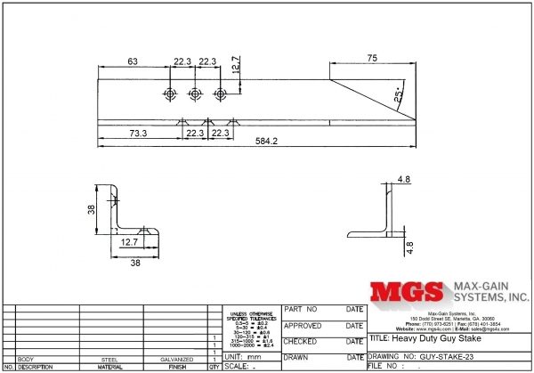 Heavy Duty Guy Stake GUY-STAKE-23 Drawing - Max-Gain Systems Inc