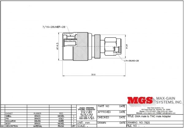 SMA male to TNC male Adapter 7825 Drawing - Max-Gain Systems Inc