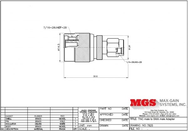 TNC male to SMA male Adapter 7825 Drawing - Max-Gain Systems Inc