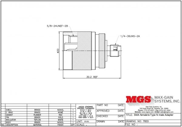 SMA female to Type N male Adapter 7833 Drawing - Max-Gain Systems Inc