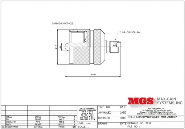 SMA female to UHF male Adapter 7837 Drawing - Max-Gain Systems, Inc