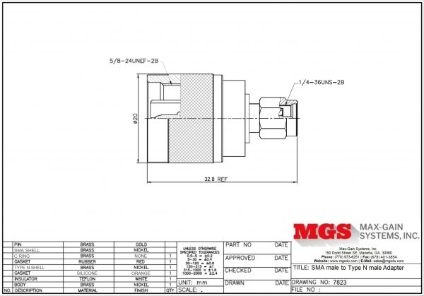 SMA male to Type N male Adapter 7823 Drawing - Max-Gain Systems Inc