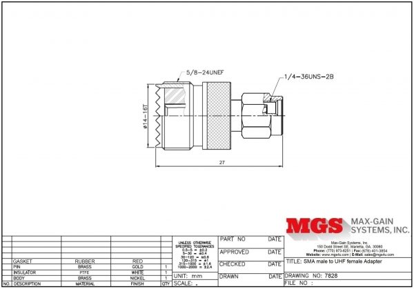 SMA male to UHF female Adapter 7828 Drawing - Max-Gain Systems, Inc