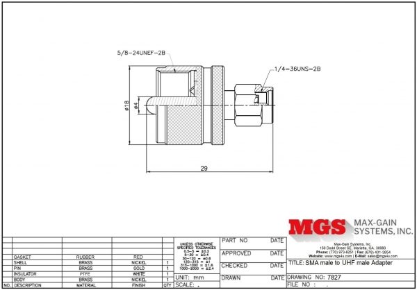 SMA male to UHF male Adapter 7827 Drawing - Max-Gain Systems, Inc