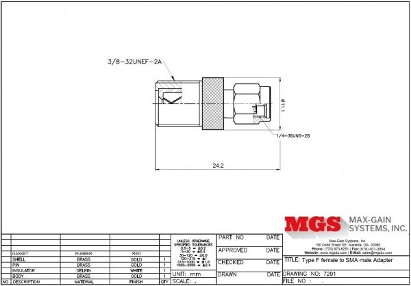 Type F female to SMA male Adapter 7291 Drawing - Max-Gain Systems Inc