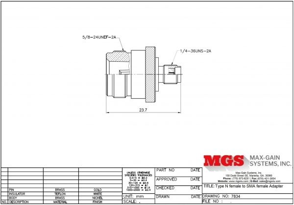 Type N female to SMA female Adapter 7834 Drawing - Max-Gain Systems, Inc