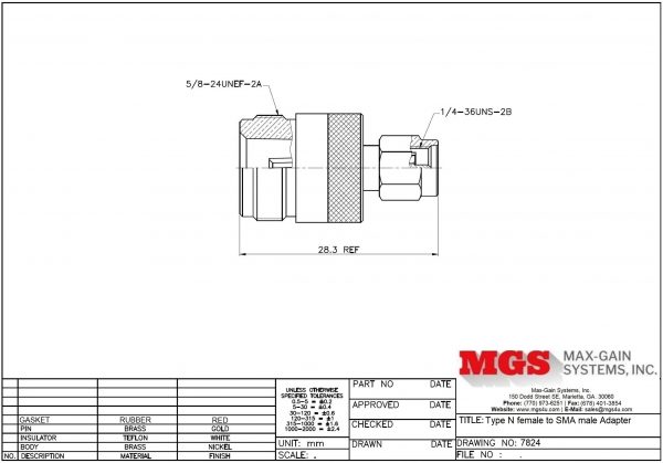Type N female to SMA male Adapter 7824 Drawing - Max-Gain Systems Inc
