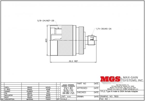 Type N male to SMA female Adapter 7833 Drawing - Max-Gain Systems Inc