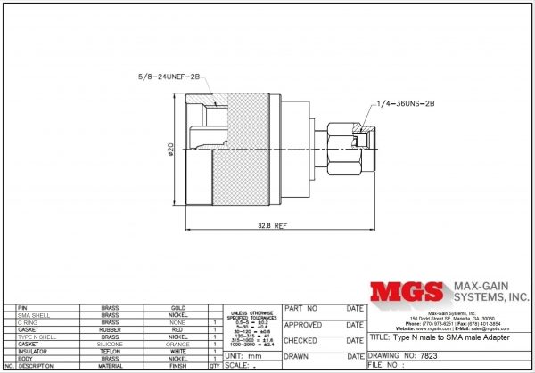 Type N male to SMA male Adapter 7823 Drawing - Max-Gain Systems Inc