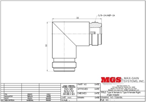 Type N female to Type N female Right Angle Adapter 7338-RA Drawing - Max-Gain Systems, Inc.