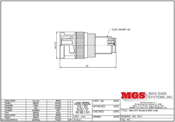 mini-UHF female to BNC male Adapter 7611 Drawing - Max-Gain Systems, Inc.