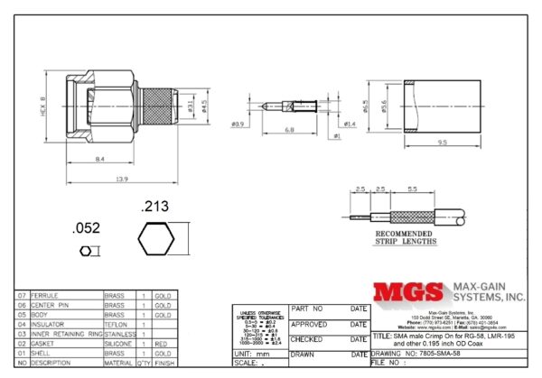 SMA male Crimp On for RG-58, LMR-195 7805-SMA-58 drawing - Max-Gain Systems Inc