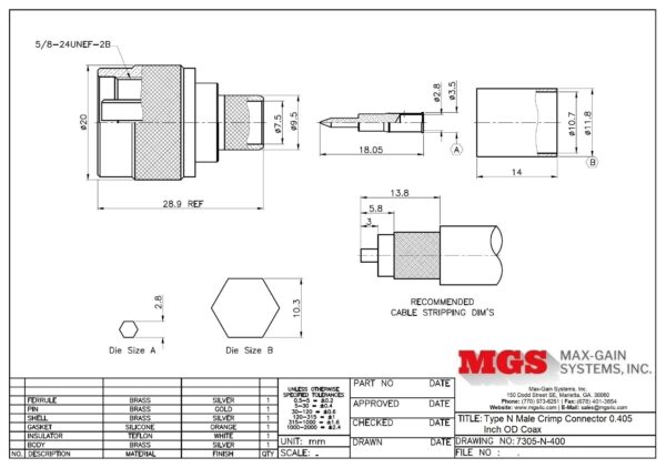 Type N male Crimp On for LMR-400, RG-213, RG-8 7305-N-400 drawing - Max-Gain Systems Inc