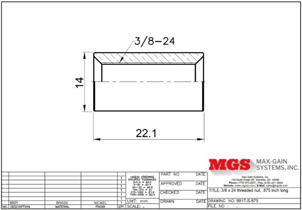38 x 24 threaded nut .875 inch long 9917-S-875 drawing - Max-Gain Systems, Inc.